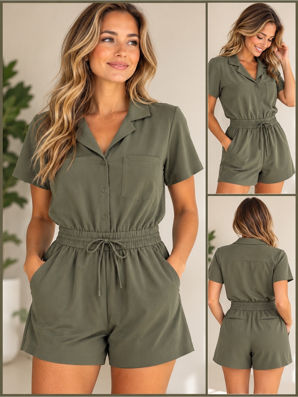 Athleta Women’s Olive Green Utility Romper Size M Drawstring Waist Short Sleeve